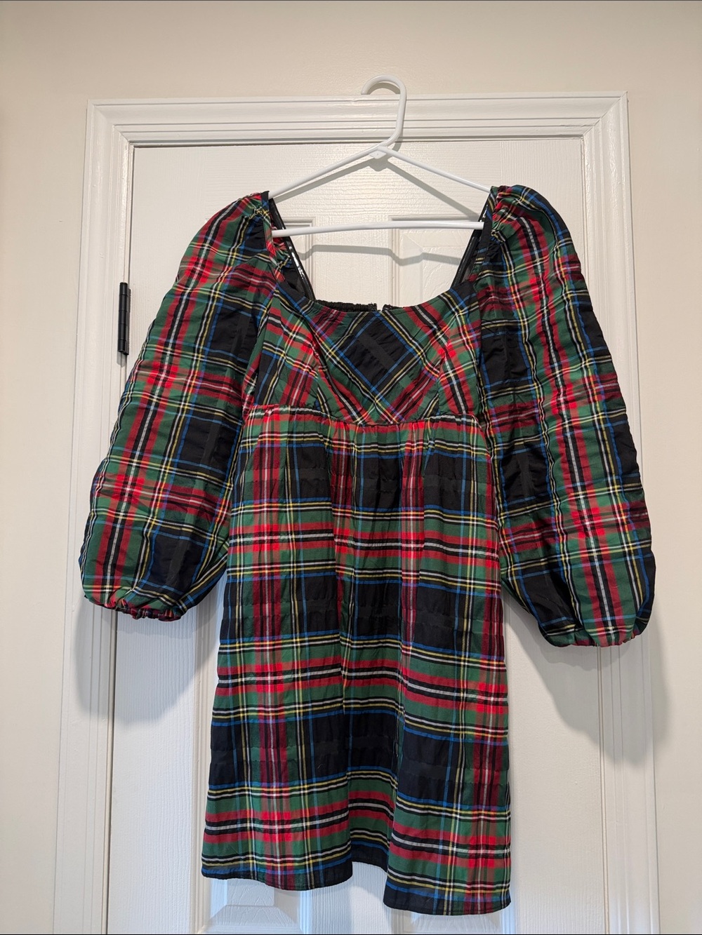 J. Crew Red & Green Tartan Puff-Sleeve Mini Dress